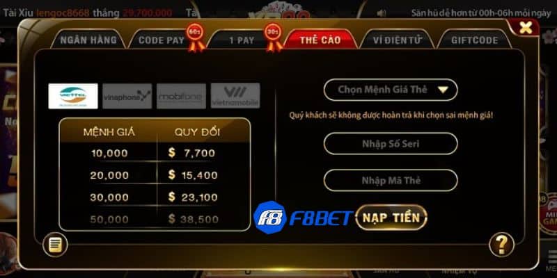 Các bước nạp tiền F8bet nhanh, gọn, lẹ